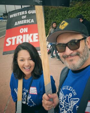 Paula Garcés Instagram - I know we look like we are having fun!
But it’s no laughing matter!!
Support @wgawest @wgaeast #writersstrike #writersstrike2023 
Thank you @ericngutz my walking buddy my tv hubby 
#onmyblock #freeridge 
We @sagaftra support the #writersstrike2023