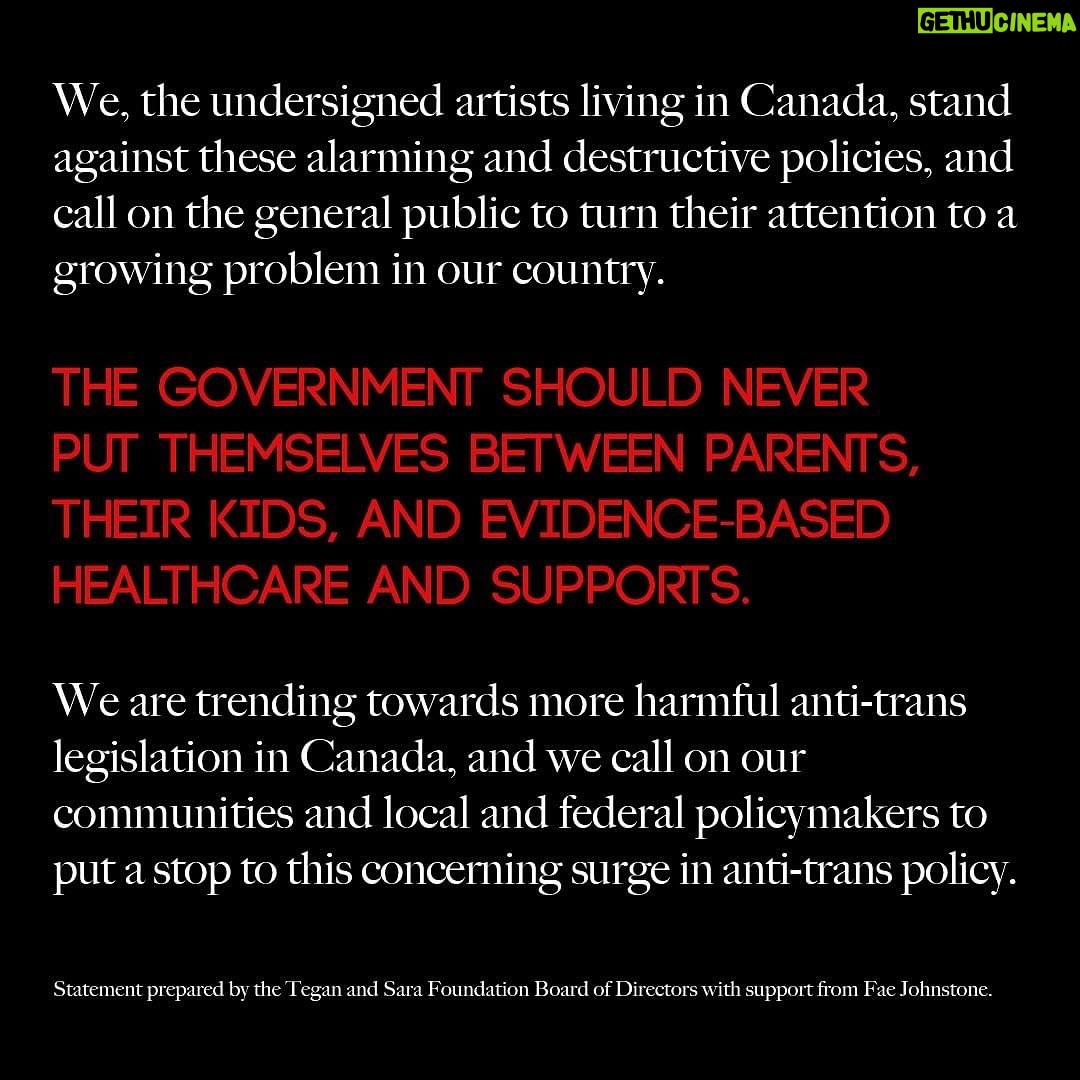 Peaches Instagram - Today on #TransgenderDayofVisibility, the @teganandsarafoundation announces an Open Letter: Artists Against Anti-Trans Legislation in Canada. For those outside of Canada, the country is often seen as a human rights haven. However, the reality is that Canada is not immune to the global attack on the trans community and their access to inclusive spaces, healthcare and freedoms. More than 400 artists living in or hailing from Canada signed this letter to draw attention to the concerning rise of anti-trans legislation in the country, including proposed bans on inclusive healthcare for trans youth in Alberta, and infringement on the freedoms of gender-diverse youth to use their chosen names and pronouns at school without parental consent in New Brunswick and Saskatchewan. The anti-trans policies taking root in Canada go beyond discrimination - they present a clear risk to the mental and physical well-being of trans individuals throughout the country. The undersigned artists stand against these alarming and destructive policies, and call on our communities and local and national policymakers to put a stop to this concerning surge in anti-trans policy. Read the full letter and view all signatures at teganandsarafoundation.org/open-letter or the link in my story.