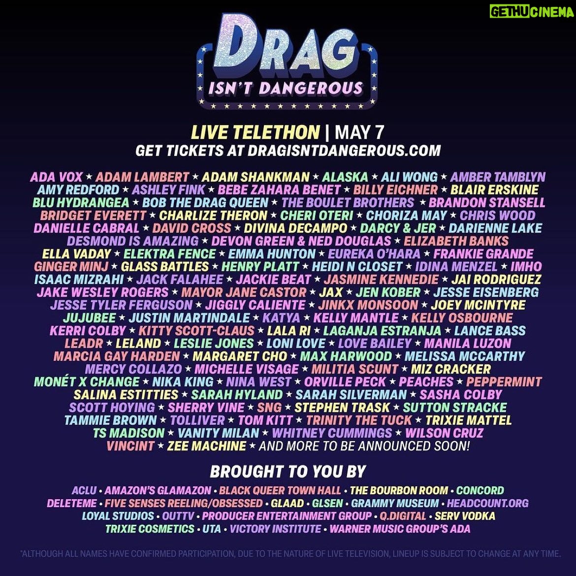 Peaches Instagram - DRAG ISN’T DANGEROUS @dragisntdangerous • So much talent! 🤩 We just added over 20 more stars to our #dragisntdangerous telethon this Sunday, May 7. Together, we can make a difference and stand up for equality. Get tix & make donations at dragisntdangerous.com ✨