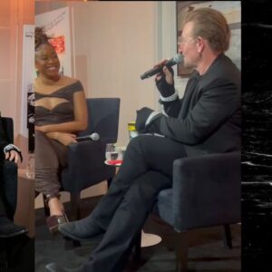 Phoebe Robinson Instagram - When I was asked to interview my friend/mentor Bono at a private book party (hosted by @Bloombergdotorg) celebrating his NYT memoir “Surrender,” I thot to myself, “In my book club, we all getting half chubs,” hence me serving body-ody-ody in a Hershey’s chocolate bar 🍫 wrapping. Jokes aside, this was legit one of the best days of my life.
⠀
Like thirteen year old me would’ve geeked over the opportunity and also fluffed out her Civil Rights era banyang. Seriously, when I was younger I looked I could’ve been in what was originally the Little Rock Ten, but alas I missed it all because I overslept the night before, so Nine it was! ANYWAY! The point is sometimes you dream of and hope for and manifest certain things, but the universe has a way of surprising you with even more when you surrender to it.
⠀
To kiki with a person whose music and philanthropy has meant so much to my life was a dream come true. To hear the way he speaks of and writes about Ali, his wife of 40  years moved me to tears. The way his band mates - Edge, Adam, & Larry - have bettered him in ways that he’s long known and ways he’s still discovering is touching without being overly sentimental. And to watch him take his passions seriously in one breath and then also take the piss out of himself the next is a masterclass in authenticity. He’s a thoroughly self-possessed person, which is probably the most beautiful thing about him.
⠀
So thanks, B, for the pleasure of your friendship, the gift of your generosity, and welcoming me deeper into the @red family by having me join the Advisory Board (I know B said Creative Council, but it’s the Advisory Board). I can’t wait to get to work and help the debilitating presence HIV/AIDS still has in this world. You, (RED), and so much more continue to make this the ride of a lifetime. So I’mma buckle up and keep dressing like some dude’s future second wife that he’s about to meet. 😂😏🤷🏾‍♀️. #FBF
⠀
Hair: @lurissaingridhair 
Makeup: @fatimotisadare 
Styling: Moi
Dress: @alexperryofficial 
Shoes: #BottegaVeneta
Earrings: @cloverpost
