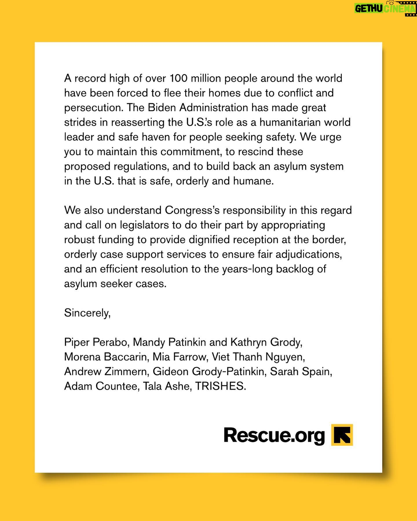 Piper Perabo Instagram - I’m urging @potus to reverse course on the proposed “asylum ban.” And for Congress to do the important work of creating an immigration system that keeps our promises to accept people seeking asylum and facilities it as an orderly, timely, and humane process. Share our open letter to show your support for asylum seekers today. Read the full letter at rescue.org/asylumban