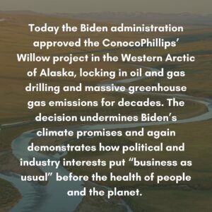 Piper Perabo Instagram - Repost from my very smart friend and scientist Dr. @ayanaeliza

President @joebiden played politics with our planet and our future. Shame on him. And this fight is not over. See you in court @potus.

Press release from the #StopWillow coalition:

“Today the Biden administration approved ConocoPhillips’ Willow project in the western Arctic of Alaska, locking in oil and gas drilling and massive greenhouse gas emissions for decades. The decision undermines Biden’s climate promises and again demonstrates how political and industry interests put “business as usual” before the health of people and the planet. 

Authorization of the project comes after a deficient supplemental environmental review process that failed to assess the intense and cumulative impacts of the project on Arctic communities, lands and water, wildlife, and the global climate. The harm to communities and climate will be massive as the project turns into the industrial hub ConocoPhillips has always sought. 

Overwhelming public and scientific input has demonstrated that Willow poses a serious threat to the Arctic region. Willow will pollute water and air, disrupt animal migrations, destroy habitat, and result in the release of around 239 million metric tons of greenhouse gasses over the project’s 30-year lifespan. The resulting infrastructure is expected to result in additional development that would magnify Willow’s negative environmental impacts.

If built, Willow will be the largest new oil extraction project on federal lands in the United States. It will have devastating impacts to the entire western Arctic region, posing serious health, environmental, and food security threats to nearby Alaska Native communities. 

Today, the Biden administration bowed to industry and political power rather than prioritizing land protections, Indigenous communities, and meaningful climate action and leadership.”