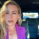 Piper Perabo Instagram - Sometimes Wednesday Vibes 💜 . . Stylist: Jeanann Williams Mary Hair: Richard Grant Makeup: Tamah Krinsky Suit: Alex Perry Earrings and Ring: Tabayer Shoes: Alexandre Birman Bag: Judith Leiber @billboard
