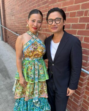 Poh Ling Yeow Instagram - Always a joy and privilege to hang with this guy @lukenguyencooks . It got pretty interesting when he visited last 🍆 🐂 🍜 🤓. I wonder what he has in store for us this time!? TONIGHT @masterchefau we unfortunately lose somebody. Tune in 7.30pm @channel10au @10playau . 

Dress @alemais.official 
Stylist @charmainedepasquale_stylist
Earrings @lovisajewellery 
MU & Hair :Me