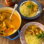 Poh Ling Yeow Instagram - SIMPLE TAMARIND FISH CURRY & TUMERIC RICE | Feeds 4 This Indian style fish curry makes for a perfect Summer lunch or dinner. Light, tangy, just a touch spicy, easy and quick. Of course you can cook the Basmati plain but stirring in that bit of flavour at the beginning is well worth the extra minute! I hope this becomes one of your warm weather favourites. Enjoy! TUMERIC RICE 2 cups @sunrice Indian grown basmati rice, rinsed, drained in a sieve Generous pinch of salt 1-2 tsp chicken stock powder 1/2-1 tsp tumeric 25 g melted butter or ghee CURRY 800 g white firm fleshed fish, cut into 5cm chunks 4 medium ripe tomatoes OR 1 x 400g tinned crushed tomatoes (although nowhere near as nice as fresh) 2 Tbs olive oil 1 tsp black mustard seeds 1/2 tsp fenugreek seeds 3cm piece of ginger, peeled and bashed in a paste with a mortar & pestle (because it’s SO much faster and safer than grating) 3 stalks curry leaves 4 small green chillies halved lengthways 2 garlic cloves, peeled, crushed 2 medium onions, sliced thinly 1 tsp ground tumeric 1 tsp ground coriander 1 cup coconut milk 2 -3 Tbs tamarind paste (found in Asian section of supermarkets or Asian grocers) Handful of roughly chopped coriander or Vietnamese mint for garnish Cook the rice following packet instructions using absorption method, except tstir through the salt, chicken stock powder, tumeric and melted butter or ghee before adding the water. First, score right around the middle part of the tomato starting from the stem and meeting it again. Submerge in fresh boiled water and cover for 10 minutes. Drain and peel the skins off. Roughly chop or snip in a bowl with scissors to stop the juice from causing a mess but also a good way to handle them when hot! Heat the oil and mustard seeds in a medium heavy based saucepan over a low heat until the seeds start to pop. Add the fenugreek, ginger, chilli, curry leaves, onion, garlic and stir fry until the onion is soft. Add the tumeric & coriander & cook for about 2 mins. Add the coconut milk, tomato & tamarind & simmer for about 5 mins. Add the fish pieces and simmer until just cooked through. Garnish with fresh coriander & serve with the rice.