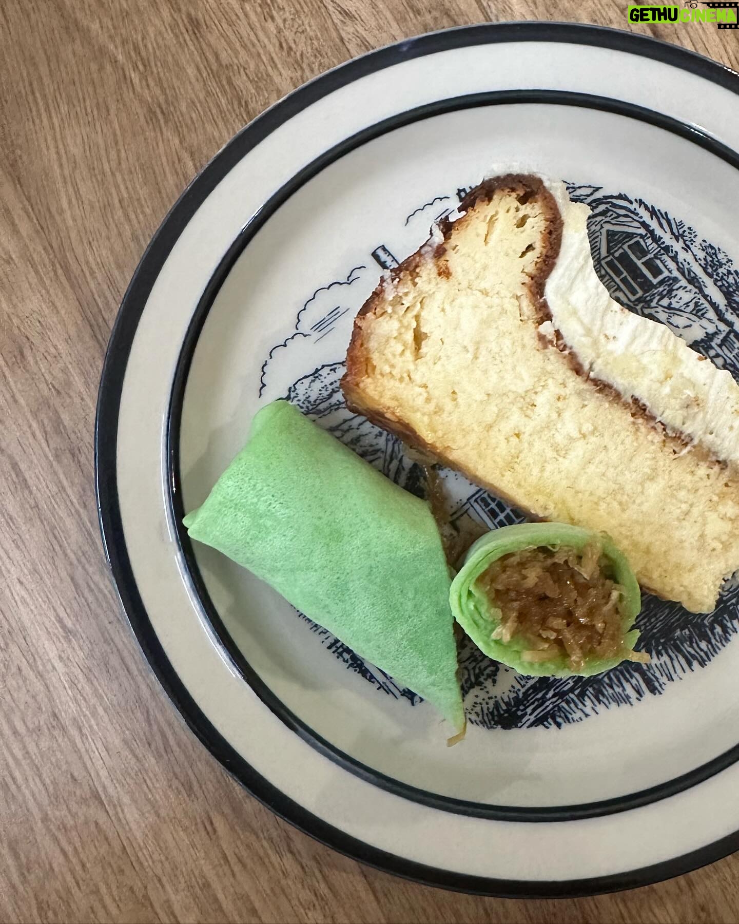 Poh Ling Yeow Instagram - Haven’t made these in a while….. 1. Kuih Dadar - Malaysian sweet of coconut cooked in gula Melaka (dark palm sugar) wrapped in pandan coconut crepes. 2. The other cake on the plate is delicious durian cheesecake made by my cuz @happy_healthy_val. 3. Happy dad. 4. Durian confederacy of Aunty 1 (Rose) who we’ve not seen for 20 years, Uncke 2 (Bobby) & Dad. No joke durian contemplation was had here. About all the varieties and why this brand which was deseeded was best value for money.