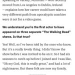 Pollyanna McIntosh Instagram - Hello You! Here’s some of (swiper) a Variety @variety piece that Alex Ritman @ritmania did on me for The Walking Dead: The Ones Who Live coming out TODAY!!! Thanks to Alex and to @tina_turnbow for the pic. Link to full article in bio. Can’t WAIT to hear what you think about the show…? In the USA you can watch it on AMC or AMC and here’s a list of other countries’ streamers. If you don’t see your country it will be announced as streaming where you are soon… Big love ❤️✌️ Australia: Stan Austria: Canal CNE: AMC Germany: Magenta TV Greece: Cosmote Japan: U-Next Middle East: StarzPlay Morocco: StarzPlay New Zealand: TVNZ Spain: AMC Switzerland: Sky Turkey: TurkCell #TWD #TWDFAMILY #THEWALKINGDEADTHEONESWHOLIVE #THEWALKINGDEAD #THEWALKINGDEADFAMILY #JADIS #RICK #MICHONNE #THEONESWHOLIVE