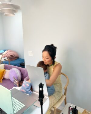Poppy Liu Instagram - work from home virtual press junket for SPACE CADET featuring guest appearance by my beloved perfect gorgeous velcro baby 🥰