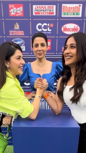 Poppy Jabbal Instagram - @mehreenpirzadaa , backing @punjabdesherccl , and @reginaacassandraa , rooting for @Chennairhinosoffical , lock arms in a friendly rivalry with @poppyjabbal . Mehreen seals the win, balancing out the match despite Chennai’s cricket victory! 

@danubeproperties Presents CCL UAE Weekend 

#CCL2024 starts from February 23rd - March 25th and will be Live on JioCinema and Sony Ten 5.

#A23 #Parle2020 #CCLSeason10 #DanubeCCLUAE #TruckersUAE #CCLUAE #Chalosaathkhelein #CCLonJioCinema #CelebrityCricketLeague #JioCinema

@a23rummy @parle2020cookies 
@danubeproperties @bharathicementofficial @officialjiocinema @sonysportsnetwork @ccl.uae @truckersuaey