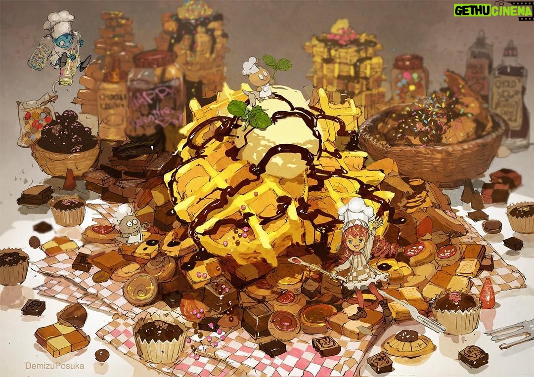 Posuka Demizu Instagram - WaffleWaffle ‼︎ ------- This title means” I'm excited” old internet slang🍪I made this art on Valentines day 🍫 I want to eat Belgian waffle someday!!( 'ω' و(و "✨