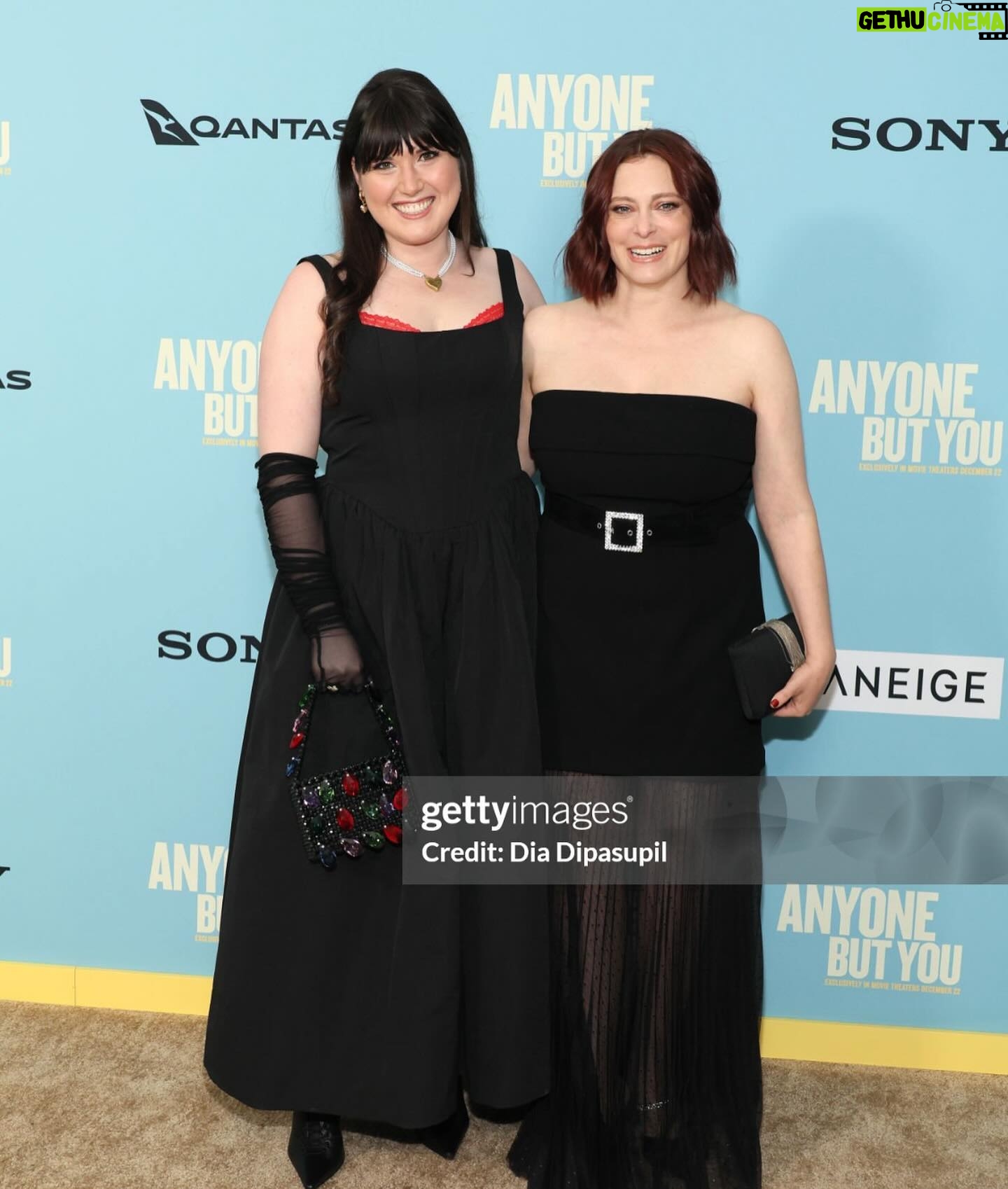 Rachel Bloom Instagram - My dear friend @ilana_wolpert wrote a script from her brain and now it is @anyonebutyoumovie. I’m kvelling and the third photo makes it look like I’m fully Kris Jenner-ing her and it’s all going according to plan Styling: @arieltunnell Hair: @sky.kxm Face: @colbymakeup Dress: @rebeccavallance Shoes: @charleskeithofficial Clutch: @simitri.shop Jewerly: @melindamaria_jewelry @grazielagems
