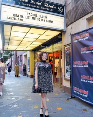 Rachel Bloom Instagram - We opened #deathletmedomyshow the other night and it was surreal. Thanks to @mikeandcarleeprods for making my dreams come true, @williamsburgpizza and @brookiescookiesnyc for the food and @pattilupone for giving us the best step-and-repeat photo of all time. 

Hair: @creightonbowman 
Makeup: @lisahoughton 
Styling: @arieltunnell 

Dress: @aliceandolivia 
Shoes: @larroude
Jewelry: @nickhorey
Clutch: @simitri.shop