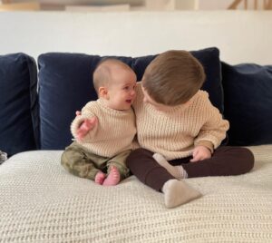 Rachel Hurd-Wood Instagram - It’s all worth it 🥰

So much of parenting is bone-aching exhaustion, being pushed to your limits and questioning yourself. But then, watching how sweet Liam is with his sister, how if she’s crying he’ll get her a toy or sing to her, is so totally heart melting I don’t even know what to do with myself. Makes me think I’m doing something right. 

As I’m typing this, Stella is asleep on me after we slow danced to @oliviarodrigo and everything feels perfect. 💕

The little ones are dressed in ultimate cosy and eco-chic leggings and matching jumpers from @thesimplefolkco 🤍

#gifted #brotherandsister #adorable