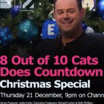 Rachel Riley Instagram - New show alert!!! There’s a BRAND NEW 8 out of 10 Cats Does Countdown Christmas Special, tonight 9pm @channel4. And who could be more Christmassy than Mr Danny Dyer. Well, apart from Joe Wilkinson, that is. Don’t miss it!🎅🏼 Also thanks to @queensofarchive for lending me this amazing, top of the Christmas tree style dress, loved it. 🫶🤩 #comedyspecial #8outof10catsdoescountdown #catscountdown #christmas #partydress