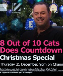 Rachel Riley Instagram - New show alert!!! There’s a BRAND NEW 8 out of 10 Cats Does Countdown Christmas Special, tonight 9pm @channel4. And who could be more Christmassy than Mr Danny Dyer. Well, apart from Joe Wilkinson, that is. Don’t miss it!🎅🏼 Also thanks to @queensofarchive for lending me this amazing, top of the Christmas tree style dress, loved it. 🫶🤩 #comedyspecial #8outof10catsdoescountdown #catscountdown #christmas #partydress