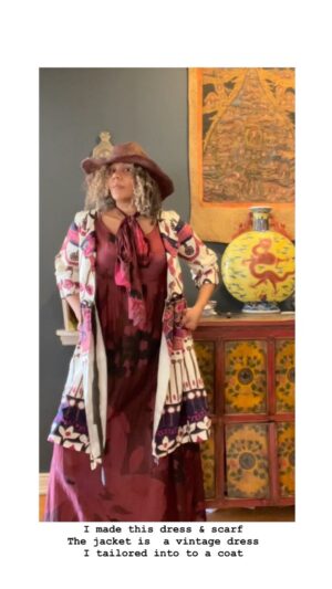 Rachel True Instagram - 🦚🦚🦚 on a Sunday afternoon 🦚🦚🦚
My new makes - I didn’t make the overcoat
 but I never wore it as a dress — so I split it open,  tailored it up & now j’adore it as a jacket 
💜
The under dress is my design & cotton/silk 
my new fav fabric blend 💜 
🌞
Creating things of any sort, be it with words, emotions, fabrics, colors, is meditative
 & self soothing for me ⭐️🤩 
🌞art really is therapy🌞 
How’s youz doing?

#madebyme 🪡 #sewing  #racheltrue  #creativeart 🤩 #handmadewardrobe #art