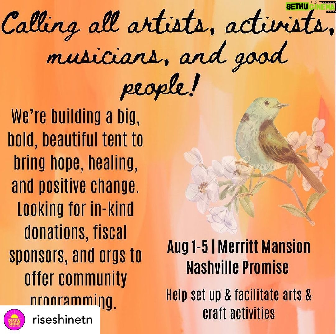 Rachelle Lefevre Instagram - Posted @withregram • @riseshinetn Calling all artists, activists, musicians, and good people! We’re building a big, bold, beautiful tent to bring hope, healing, and positive change. Looking for in-kind donations, fiscal sponsors, and orgs to offer community programming. Help needed: Set-up Aug 1-5; facilitating arts & craft activities on the Merritt Mansion front lawn during the run. 🔎Connect: https://Arts4Impact.org/NashvillePromise #UpInArms #NashvillePromise 🖌️🎶