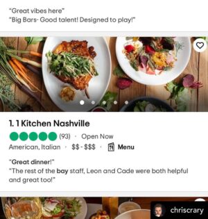 Rachelle Lefevre Instagram - So proud of my baby!!! Incidentally, Executive Chef @chriscrary is also #1 on hubbyadviser 😉
Posted @withregram • @chriscrary Thank you @tripadvisor for making us the #1 restaurant in Nashville! We have the best team in Nashville! Thank you to everyone that has helped to get us to this spot! 
❤️🧡🧡💚💙💜 Come and visit us! @1kitchennashville @1hotel.nashville @1hotels 
A special thank you to all the farms and purveyors that make our jobs easy! 🙏🏼