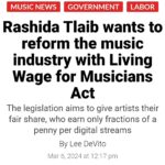 Rashida Tlaib Instagram - It would take 800,000 streams for an artist to make the equivalent of $15/hour. It would take 1,000 streams to buy a cup of coffee. Currently, musicians make tiny fractions of a penny per stream, while streaming has grown to represent 84% of recorded music industry revenue in the U.S. The Living Wage for Musicians Act would transform the industry and finally help the artists.
