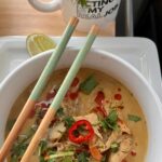 Raven Goodwin Instagram - Coconut Curry Chicken Soup! Happy New Year! I've missed making these reels for ya'll! This soup was just delicious. Make this for Sunday dinner! Pair with rice or noodles and enjoy! Recipe below 🥰💜 Ingredients: Green curry Yellow curry Coconut oil Coconut milk 2 Chicken breast White mushrooms Lemon grass Brown sugar Fish sauce Salt Pepper Lime Red Bell Pepper Yellow onion Shallot Chili oil Red jalapeño Fresh garlic Fresh ginger Noodles of choice or rice Cilantro Green onion Directions: Slice your chicken breast in half to make four cutlets Bring water to a boil add salt and lemongrass Add chicken breast Shred your chicken breast when done To a dutch oven: Add coconut oil Sauté red bell pepper, sliced onions, shallot & mushrooms Add fresh garlic, ginger & lemongrass Sauté until fragrant Add in a heaping table spoon of yellow curry And table spoon and a half of green curry Add chicken stock let simmer for a few mintues Add shredded chicken breast Add coconut milk Add brown sugar, salt, pepper, fish sauce and lime to taste Add your favorite noodle or rice to a bowl-- I used pho rice noodles Add soup & garnish with: Cilantro Green onion Red jalapeño Chili oil Lime & Enjoy! Lashes @lashbabe101 Hair @theweavespecialist 📽️ @nachaa_manaya