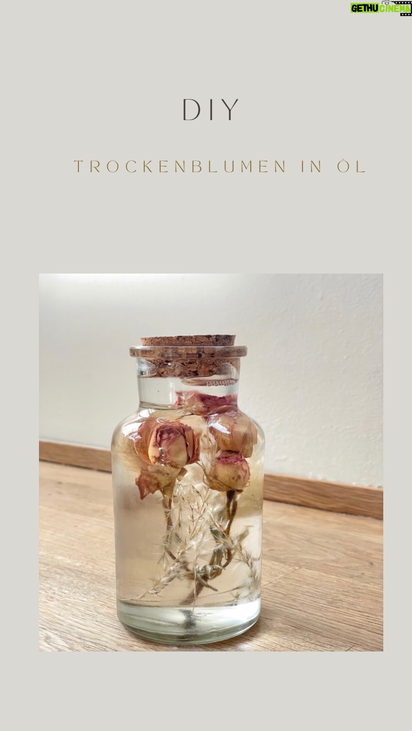 Rebecca Lina - 585 Likes - So eine schöne einfache Art Trockenblumen ganz anders im Szene zu setzen!
Ein Apothekenglas
Trockenblumen
Durchsichtiges Babyöl ( eines von denen dien man nie für die Kinder nutzen würde, weil fast nicht natürliches drin ist )
Ich finde es sooo schön und beruhigend anzusehen ! Liebe es !