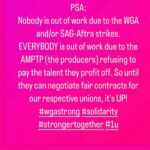 Regan Aliyah Instagram – day one of double strike. swipe for perfectly worded posts from community. 

art is a career & we’re tired of playing the starving artist. the post from @dsa_la said “we’re in a pivotal moment not just for workers in Hollywood, but for workers everywhere. If the bosses want a fight, we’ll give them a fight.” and i couldn’t agree more. 1% will profit insane amounts of money off our labor and threaten our livelihood when we ask for livable wages and basic rights. together, we are strong…strong enough to get to see the other side where things change for the better of the people. it doesn’t matter if you’re a non union actor/aspiring/eligible…this is a fight for all….for the future of our industries. 

& immense appreciation to all the WGA captains today!!