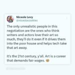 Regan Aliyah Instagram – day one of double strike. swipe for perfectly worded posts from community. 

art is a career & we’re tired of playing the starving artist. the post from @dsa_la said “we’re in a pivotal moment not just for workers in Hollywood, but for workers everywhere. If the bosses want a fight, we’ll give them a fight.” and i couldn’t agree more. 1% will profit insane amounts of money off our labor and threaten our livelihood when we ask for livable wages and basic rights. together, we are strong…strong enough to get to see the other side where things change for the better of the people. it doesn’t matter if you’re a non union actor/aspiring/eligible…this is a fight for all….for the future of our industries. 

& immense appreciation to all the WGA captains today!!
