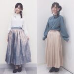 Rie Takahashi Instagram - 📷2019.9.22/11.30﻿ ﻿ ﻿ ﻿ 第3弾 #りえりー服﻿ 『天下百剣 -斬-』のイベント衣装より！﻿ ﻿ ﻿ 天華百剣では、刀剣の擬人化として﻿ 桑名江（くわなごう）役を﻿ 担当させていただいております＊﻿ ﻿ ﻿ 桑名江さんは、みんなのお姉さん💙﻿ ﻿ 「 ♪ 料理が上手で家事万能、﻿ ちょっとドジだけど理想のお嫁さんって感じ」﻿ と、他己紹介ソングで歌われていたり。﻿ （ ♪ 椿組名物帳）﻿ ﻿ 「 ♪ 一体何を食べたらそこまで大きく育つの？」﻿ と歌詞でも言われる程に、﻿ とてもおっきい、おっ…、おっきいです。﻿ 大きいんですよ。﻿ ﻿ ﻿ 主様(プレイヤーさん)をお慕いし、﻿ 一歩引いたところを歩いているような﻿ 大和撫子な振る舞いというポイントと、﻿ お胸が大きいという身体的特徴もあり、﻿ 姿勢良くお芝居をするというのを﻿ 常に心掛けていました。﻿ ﻿ ﻿ それもあり、自身が表に立つ﻿ この作品のイベントやライブでも﻿ 猫背になったことは無い！つもりです！﻿ ……多分！ね！﻿ ﻿ 桑名江さんの力を借りて、﻿ 美しい所作を身につけて行きたいところです。﻿ ﻿ ﻿ *﻿ *﻿ *﻿ さて。﻿ そんな桑名江さんの衣装、﻿ 色は青コーデで固めたい。﻿ あとは、白、水色、﻿ 濃い青とか紺を差せたらいいなっていう目標です。﻿ アクセの金具は、﻿ シルバーじゃなくてゴールドが理想。﻿ ﻿ ﻿ 形はプリーツスカートを選びがち。﻿ ﻿ 和風なテイストを取り入れたいと思った時に﻿ 袴のようなイメージと﻿ プリーツのイメージを﻿ 重ねていたのかもしれません。﻿ ﻿ ﻿ 今回は左右で別日の衣装ですが、﻿ スタイルがほぼほぼ一緒です。﻿ ﻿ アクセサリーも使い回し。﻿ フリンジのイヤリングは和風っぽくて、﻿ お姉さんぽい長めのネックレスには﻿ 濃い青の線の細いお花が付いています。﻿ OLさん系ね。﻿ ﻿ ﻿ ﻿ ﻿ （左）京まふ2019スペシャルステージ﻿ ﻿ 👕トップス！見て！﻿ 袖のところにまでプリーツ入ってるの！﻿ 肘上げるとふわーっとして﻿ ﾋﾞﾛﾋﾞﾛ~~~っと綺麗に広がるんですよ。﻿ ﻿ 高円寺で一目惚れして、﻿ クローゼットで寝かせに寝かせて﻿ ここぞというプリーツスタイルの時に﻿ 合わせてみました。﻿ ﻿ ﻿ 👗下のスカートも、﻿ これ桑名江さん用！！！！と思って買ったから﻿ かれこれ1年くらい寝かせたと思う。おまたせ。﻿ ﻿ 生地が、軽いんだけど魚の鱗のようで……、﻿ 光沢感と、高級感と……、﻿ シルクタフタとかその辺なんでしょうか。﻿ 生地も伝えられるようにならないとなあ。﻿ ﻿ ﻿ ウエストのゴムに色が入ってて、﻿ インして着たら大正解！！✨﻿ イヤリングの色ともピッタリで、﻿ 内心ガッツポーズでした。﻿ ﻿ おっといけないおしとやかに。﻿ ﻿ ﻿ ﻿ （右）TVアニメ主題歌リリース記念トークイベント﻿ ﻿ ↑のイベントでコツを掴み。﻿ もうこのスタイルしか無いだろうと。﻿ ﻿ 光沢感のあるプリーツスカート、﻿ ゴールド寄りだから合格！ヨシ！﻿ あとは袖がバルーン型なブラウスを発見！﻿ 桑名江ブルーの色味、ヨシ！﻿ ﻿ 靴は明治時代のイメージで、﻿ こっそり茶色い編み上げブーツ履いてみました。﻿ あんまり見えなかったや（笑）﻿ ﻿ ﻿ ﻿ ﻿ ﻿ さ、長々と書いていたら間に合いませんでした。﻿ ﻿ 昨日はそんな『天華百剣 -斬-』﻿ アルバム「百華繚乱 弐」の発売日でした！﻿ 配信もあるよ！﻿ ﻿ 3周年を迎えたアプリはもちろん、﻿ メディアミックスな『天華百剣』をよろしくねっ🎊﻿ ﻿ ﻿ ﻿ #声優 #高橋李依 #りえりー服﻿ #天華百剣 #天華百剣斬 #イベント衣装