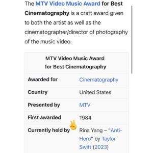 Rina Yang Instagram - ok sooo 2yrs in a row✨
‘Anti-Hero’ winning Video of the Year, Taylor for Best Director, me for Best Cinematography   many more 👩🏻‍🚀🥇@vmas
so great to be recognised as a dir dp combo😇
thank you taylor’s fans, her team, and our amazing crew who made the video with us💗
i was told im the first woman to win the best cinematography at the VMAs🫡😳
hopefully it’s only the first of many..!

(・∀・)(((o(*ﾟ▽ﾟ*)o)))♡(๑˃̵ᴗ˂̵)

—————
Stylist @ltrigg ❤️‍🔥
Custom pieces @chet__lo 💙
  Designers 
@dosisg6c @simonavanth @a.little.merman @886.official 
Hair @taichisaitohair
MUA @yumikaizuka 
Nails @yuikaaanails
Colour @jamesoxleyhair @hacohairsalon
🏋️ @georgeashwell @beforethelightsuk