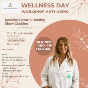 Rita Andrade Instagram - Wellness DAY 🧘‍♀️ 

No dia 30 de Dezembro estarei no Funchal, no Hotel Casa Velha do Palheiro, a fazer um Workshop Anti-aging com show Cooking Detox / Low Carb.

O valor inclui o Workshop, o showcooking, uma massagem anti-stress de 15 minutos, healthy snack e refeição detox/ low carb. Ainda podem usufruir de 3 horas no spa incrível e ofereço nesse dia um Mini livro de receitas e dicas de alimentação anti aging 📕 

Só temos 10 lugares e basta ligar para a Ana Filipa cujo contacto é 291 790 352 ou enviarem mensagem privada para mim para reservar.

O local será:
The Pavilion – Jardim Casa Velha do Palheiro

Sábado, dia 30, às 11h30, vemo-nos no FUNCHAL ❤️