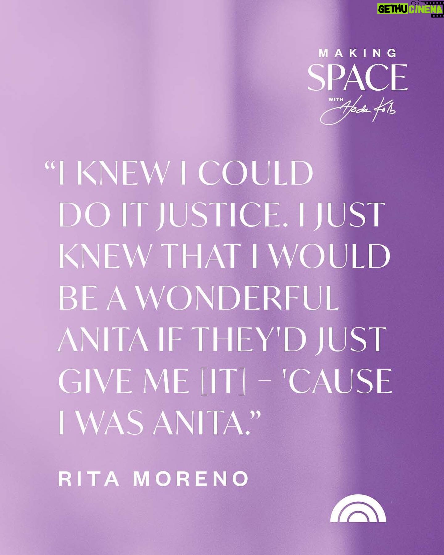 Rita Moreno Instagram - @hodakotb and @theritamoreno caught up in the latest episode of Hoda’s “Making Space” to talk Rita's struggle with her Hispanic identity growing up, her role as Anita in 'West Side Story,' and so much more. 🎧 Listen to the full episode wherever you get your podcasts.