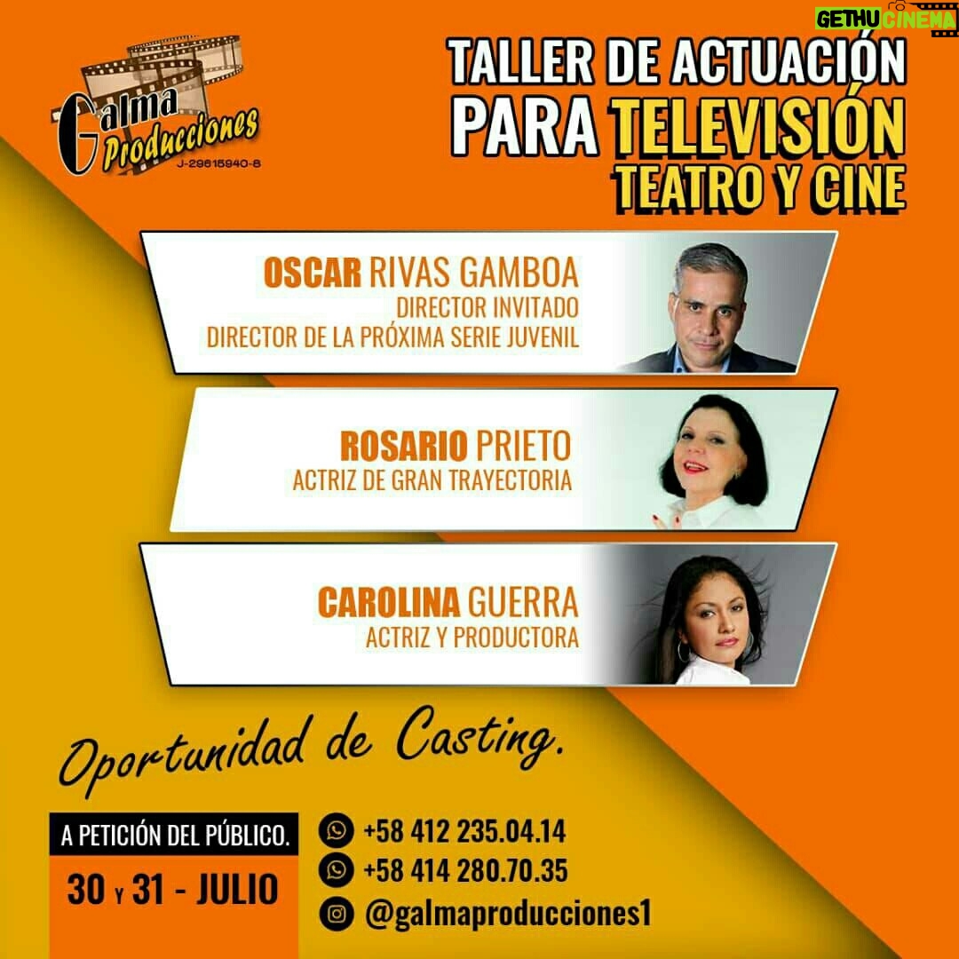 Rosario Prieto - 134 Likes - Conoce los secretos de la actuación para que puedas brillar como toda una estrella, adquiere herramientas y muestra tu talento este 30
y 31 de Julio con @rosarioprietop nuestro director invitado @oscarrivasgamboa y nuestra querida @mariacarolina9086
Galma Producciones te ofrece oportunidades de Casting.
Información al 0412 2350414 y 0414 2807035 #casting #academiadeactuacion #cine #seriejuvenil #enloszapatosdelpersonaje #seriejuvenilvenezolana #casting #acting #,tallervacacional