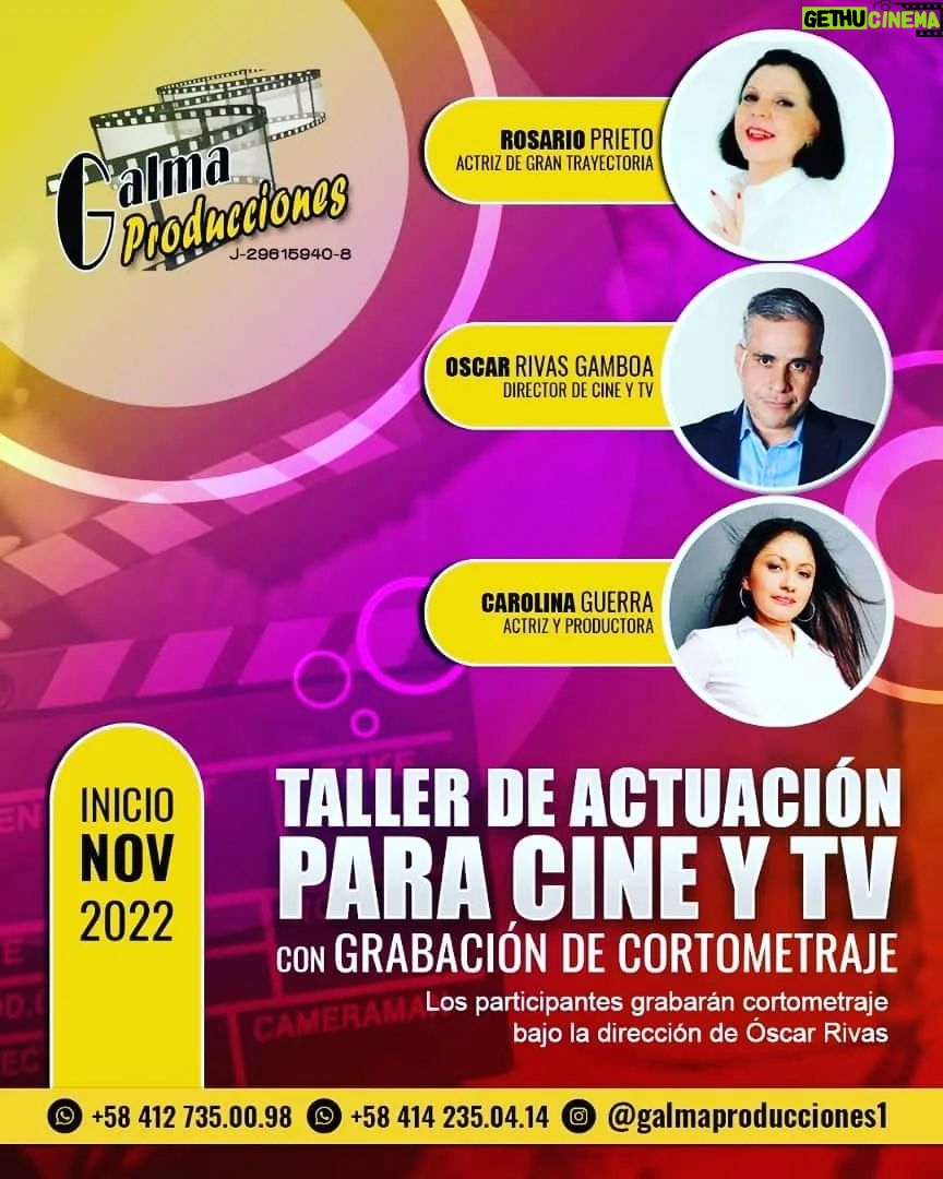 Rosario Prieto - 171 Likes - Taller de actuación para Cine y TV
Bajo la dirección de Óscar Rivas @oscarrivasgamboa la primera actriz Rosario Prieto @rosarioprietop y Carolina Guerra @mariacarolina9086
Este taller tiene por finalidad que el participante adquiera herramientas actorales en Cine y TV, para el desarrollo de su personaje.
El mismo desarrollará destrezas para la creación e interpretación de su personaje.
También podrá adquirir herramientas de producción para crear y desarrollar sus trabajos.
Incluye certificado digital
Se realizará presentación del cortometraje.
El mismo servirá como currículum en tu carrera actoral.
Mayor información 0412 7350098 / 0412 2350414 #cortometraje #seriejuvenil #acting #modelaje