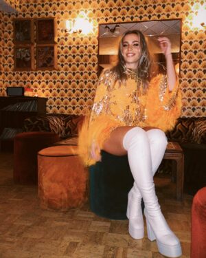 Rose Ayling-Ellis Instagram - I can’t get over @rickyandthe64 awesome work on my hair 💇‍♀️
I can’t get over how beautiful @tobileigh__ look for her birthday 🪩
I can’t get over how cool this venue is 🕺🏼💃🏼

I think I will never get bored of 70s fashion… But I don’t think I would be wearing pink velvet flare trousers anytime soon 😂 

What fashion trends you followed that now make you cringe? Mine is blue mascara and straightener my side fringe into A4 sheet… 😳
