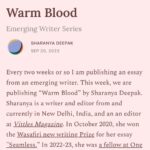 Roxane Gay Instagram – Today in The Audacity’s Emerging Writer Series is a powerful essay by Sharanya Deepak about the shame so many women feel about their anger and what it means instead to attempt to understand it. Read it here or at the link in my stories: https://audacity.substack.com/p/warm-blood