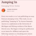 Roxane Gay Instagram - Today in The Audacity's Emerging Writer Series is a moving essay by Aurora Sousanis about a young reporter's first lessons in the joy and grief of tracking a story and the tensions between telling that story and becoming part of the narrative. Read it here or at the link in my stories: https://audacity.substack.com/p/jumping-in