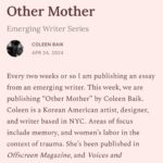Roxane Gay Instagram - Today in The Audacity's Emerging Writer Series is an excellent essay by Coleen Baik about the complexities of caring for an aging parent, the sometimes radical changes that parent undergoes, and how it can make you wonder whether you ever knew your parent at all. Read it here or at the link in my stories: https://audacity.substack.com/p/other-mother