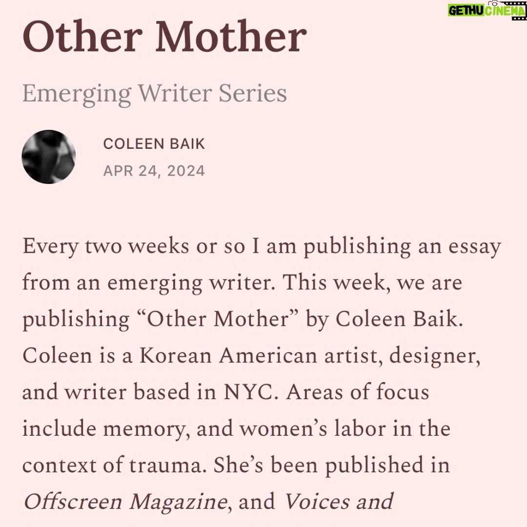 Roxane Gay Instagram - Today in The Audacity's Emerging Writer Series is an excellent essay by Coleen Baik about the complexities of caring for an aging parent, the sometimes radical changes that parent undergoes, and how it can make you wonder whether you ever knew your parent at all. Read it here or at the link in my stories: https://audacity.substack.com/p/other-mother