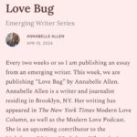 Roxane Gay Instagram - Today in The Audacity's Emerging Writer Series is a fantastic essay by Annabelle Allen about the interplay between love, the ones who leave us, their legacies, and how we learn to be alone. Read it here or at the link in my stories: https://audacity.substack.com/p/love-bug