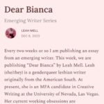 Roxane Gay Instagram - Today in The Audacity's Emerging Writer Series is an excellent essay by Leah Mell that is a love letter to a drag family member who died far too soon. Read it here or at the link in my stories: https://audacity.substack.com/p/dear-bianca