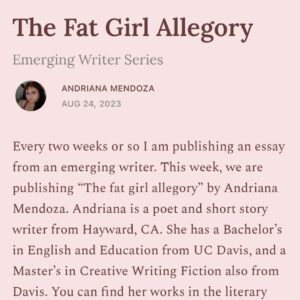 Roxane Gay Instagram - Today in The Audacity's Emerging Writer Series is an excellent essay by Andriana Mendoza about making sense of fatness as both metaphor and reality and what it's like to try to love yourself while experiencing both. Read it here or at the link in my stories: https://audacity.substack.com/p/the-fat-girl-allegory