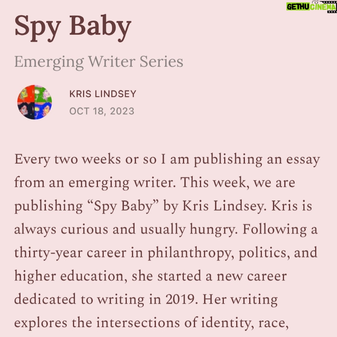 Roxane Gay Instagram - Today in The Audacity's Emerging Writer Series is a fantastic essay by Kris Lindsey about the challenges of history and legacy that you must navigate as an adoptee, especially when you learn your birth mother was a spy. Read it here or at the link in my stories: https://audacity.substack.com/p/spy-baby