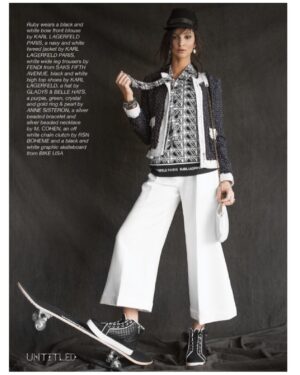Ruby Modine Instagram - • Black and white bow front blouse by #KARLLAGERFELD PARIS, a navy and white tweed jacket by KARL LAGERFELD PARIS, white wide leg trousers by #FENDI from SAKS FIFTH AVENUE, black and white high top shoes by KARL LAGERFELD, a hat by #GLADYSTAMEZ, a purple, green, crystal and gold ring & pearl by #ANNESISTERON, a silver beaded bracelet and silver beaded necklace by M. COHEN, an off white chain clutch by #RSNBOHEME and a black and white graphic #skateboard from #BIKEUSA • 

@theuntitledmagazine 
@karllagerfeld 
@saks 
@fendi 
@gladystamezmillinery 

❤️‍🔥 #UntitledMagazine #Throwback