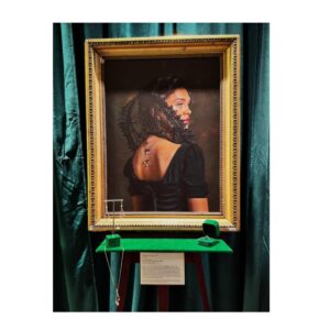 Sabrina Bartlett Instagram - N a t u r a l 🌗  R e n a i s s a i n c e 

Had the honour of sitting for a renaissance style portrait by the amazing @claireluxtonart 🖼 

Bejewelled in the stunning new Natural Renaissance collection by @salome_designs 🖤 

The Natural Renaissance represents a new era of equality and social responsibility which includes the protection of species, our planet and embraces diversity.
A portion of the proceeds will go to the charity The Cross River Gorilla Project to protect the world's most endangered gorilla and their rainforest habitat. 

Wearing the gold plated Sabrina necklace in moonstone, freshwater baroque pearls and swarovski scarab crystals in amethyst 👑