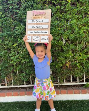 Sabrina Bryan Instagram - Monroe’s First Day of Preschool! 💖 This little one amazes me with how brave she is to “strut” right into new experiences…all while Mommy is having a slight melt down and having to be pulled away from the door by Dad 😭🤣 although I can’t wrap my head around the fact that we are already here…we are SO happy that our baby girl loves her teacher and is sooooo excited to go to school!! ❤️🍎 #latermom #firstdayofschool #minimomheartattack #dontworry #momsdoingok