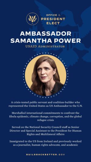 Samantha Power Instagram - As a journalist, activist, and diplomat, I’ve seen the world-changing impact of USAID. At this critical moment, I feel immensely fortunate to have the chance to serve again, working with the incredible USAID team to confront COVID-19, climate change, humanitarian crises, & more.