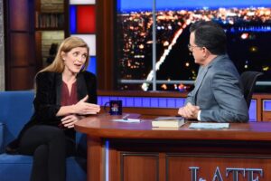 Samantha Power Instagram - TONIGHT! I’m on the @colbertlateshow talking to Stephen about how idealism is more necessary than ever in an age of Trump & Putin.