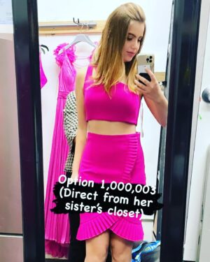 Sami Gayle Instagram - Adele, sorting options for her first day of school… 

Yes, tomorrow is Wednesday, but, really, on EVERY day we wear pink. 👠

First in person rehearsal for @badcinderellabway tomorrow!