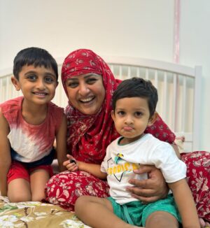 Sana Instagram - Biggest gift of my life! My grandchildren make my world beautiful and heal everything coming my way! 
Here telling the world, I have my soldiers Yusuf & Arhaan by my back. ❤️❤️❤️ 
#Allahumdulillah #Ramzan #Roza 15th day #dua #prayets #smiles  @sameerasherief @tabutiful29 @syedd_annwar