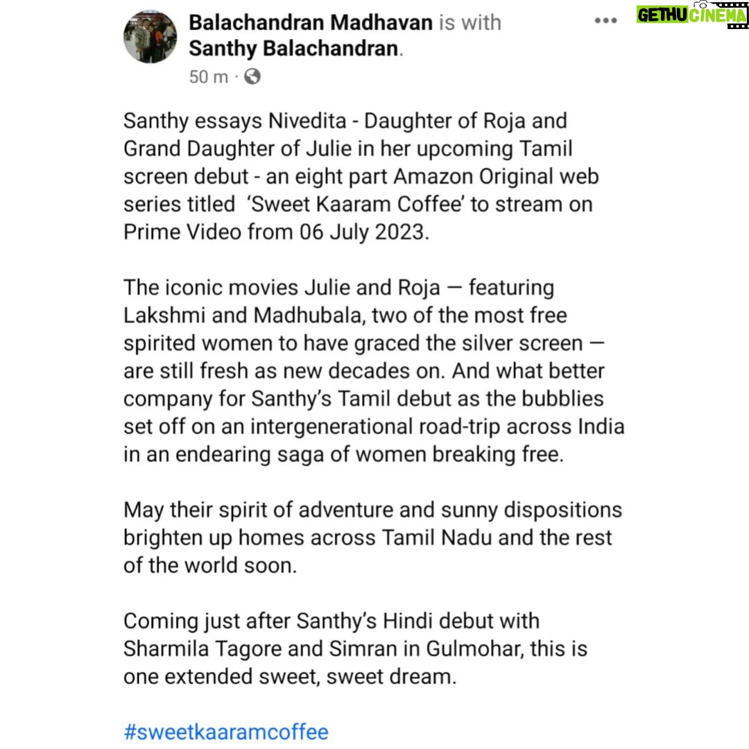 Santhy Balachandran Instagram - Achan being my biggest cheerleader as usual β€οΈ I would be nowhere without his unconditional support for my slightly off kilter choices in life. He sends me screenshots of nice things reviewers have said, monitors trend reports, sets up Google alerts to track my digital footprint, refreshes YouTube to check views, and patiently watches every interview π Here's to the men who are our allies, to the ones who want us to thrive π #SweetKaaramCoffee is now streaming on @primevideoin β¨ #ReshmaGhatala #Lakshmi @madhoo_rockstar #VamsiKrishna @liontoothsocial @bejoynambiar @krishnafilmmaker @whatiswat @manju.mohan83 #GovindVasantha @sharmishta.roy #KrishnanVasant @viraj2singh @remydalai @ekalakhani #PraveenAnthony @srinivasbhuvan @thinkmusicofficial @siva_ananth @mr_makhija #KavinBabu @_balasuresh @dev.in.the.gram @alexx_onell @ayeshakapur @danixycode @karthiknetha_official @gbalaji @valentino_suren @alagiakoothan @g_man4ever_official @vinithramenon @krishnaramkumar @anita.nuthakki